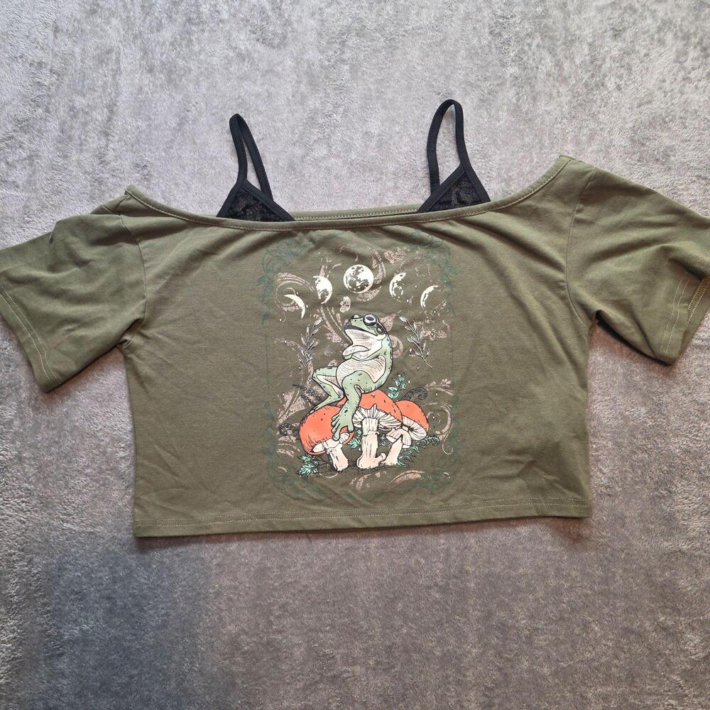ROMWE Shirt Womens M Green Off Shoulder Frog Mushroom Cropped Graphic T-Shirt